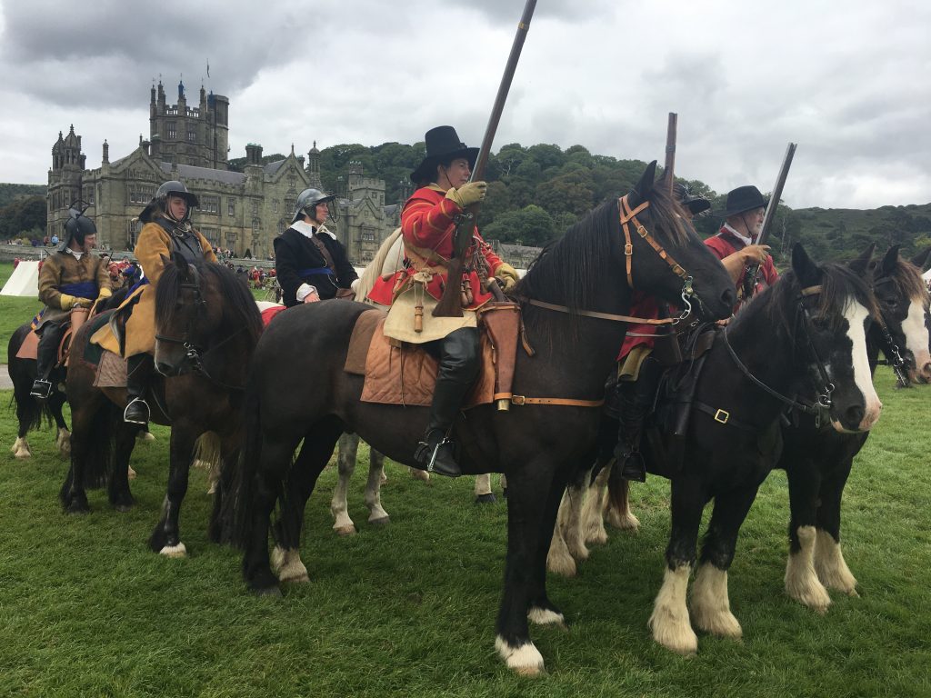 Reenacting English Civil War horsemen and dragoons