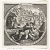 17th Century Almanac for June - Dutch print circa 1600. Reaper with scythe embracing woman with rake. Hay making, carting and butter churn.