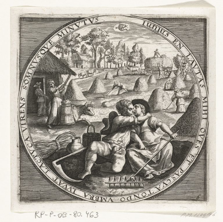 17th Century Almanac for June - Dutch print circa 1600. Reaper with scythe embracing woman with rake. Hay making, carting and butter churn.