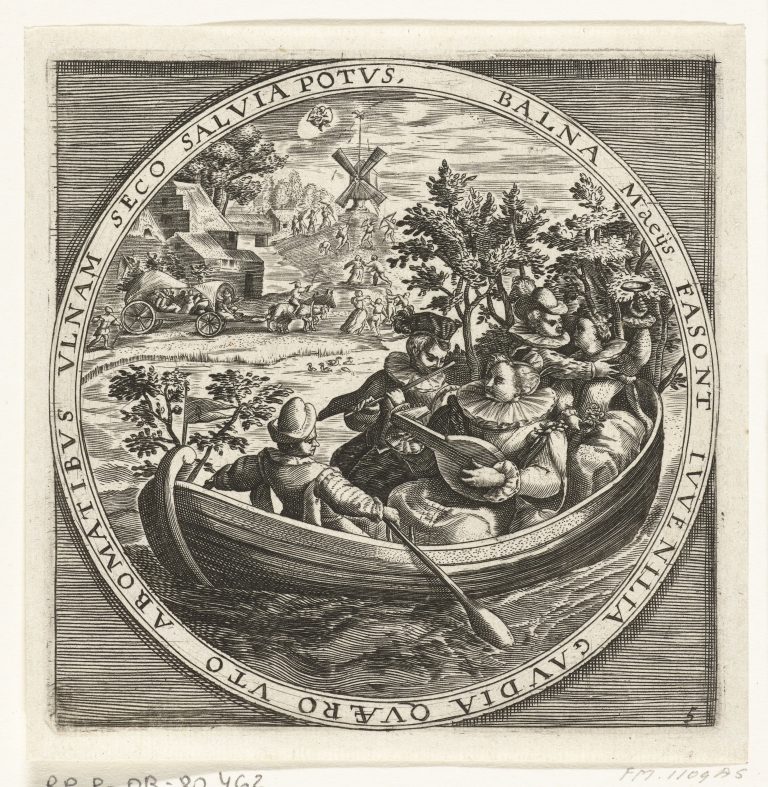 17th Century Almanac for May. Lovers and musicians in a boat. Whitsuntide outing, dancers and archers. Gemini in the sky.