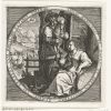 17th Century almanac for July - Dutch print circa 1600. Woman with sickle, basket, wheat sheaf and flagon. Harvest scene. Leo in the sky.