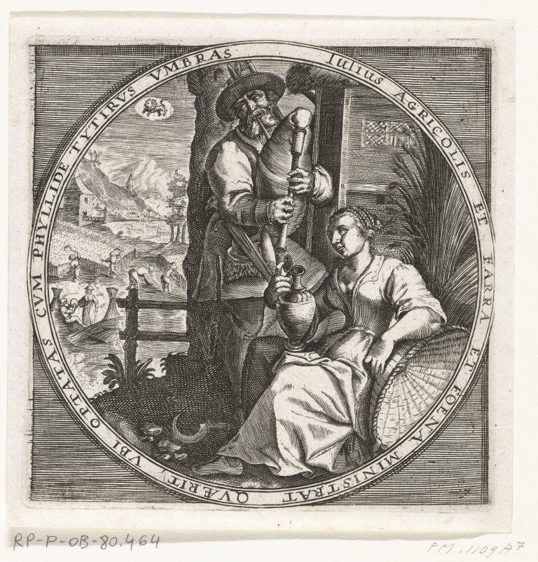 17th Century almanac for July - Dutch print circa 1600. Woman with sickle, basket, wheat sheaf and flagon. Harvest scene. Leo in the sky.