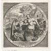 17th Century almanac for August - Dutch print circa 1600. Women with fruit. Harvest scene of men cutting, stacking and carting wheat to a farm.
