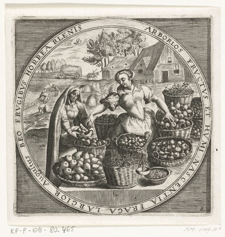 17th Century almanac for August - Dutch print circa 1600. Women with fruit. Harvest scene of men cutting, stacking and carting wheat to a farm.