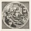 17th Century almanac for September – Dutch print circa 1600. Fisherwoman and fish. Fishing scene with fishing boats and fishermen.