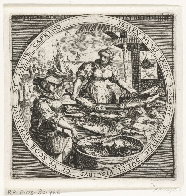 17th Century almanac for September – Dutch print circa 1600. Fisherwoman and fish. Fishing scene with fishing boats and fishermen.