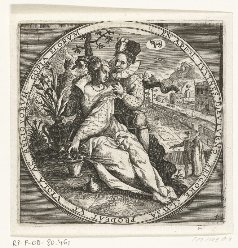 17th Century almanac for April - a pair of lovers in a garden. Spring scene.