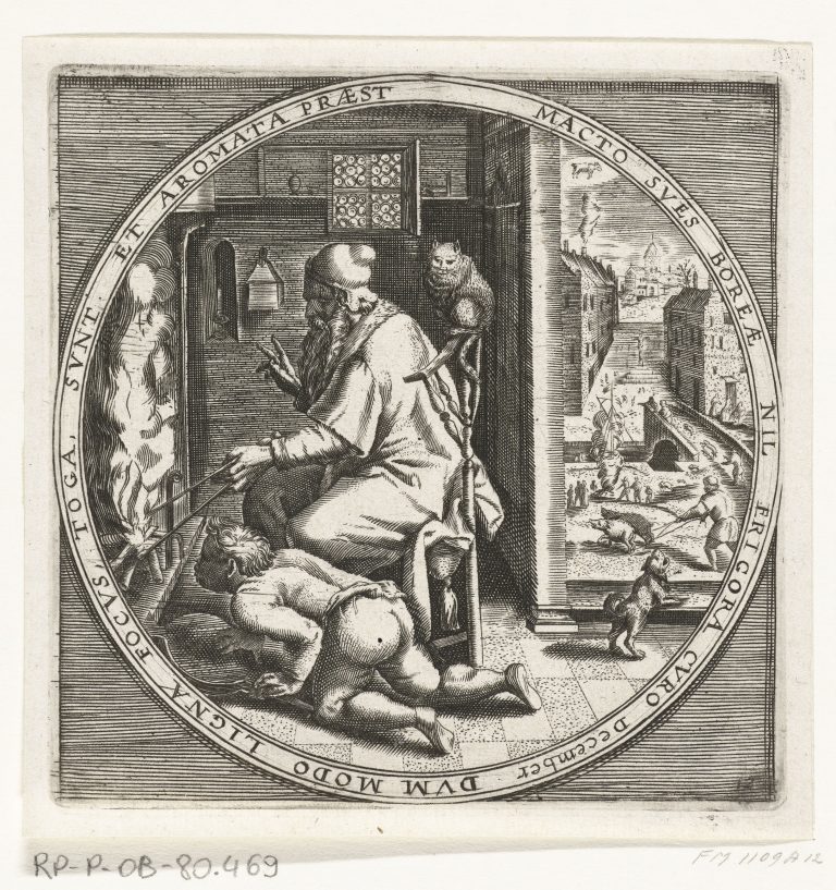 17th Century almanac for December – man and boy lighting a fire. Winter scene.