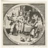 17th Century almanac for February – vastenavond carnival scene with masked players visiting a merchant's house.