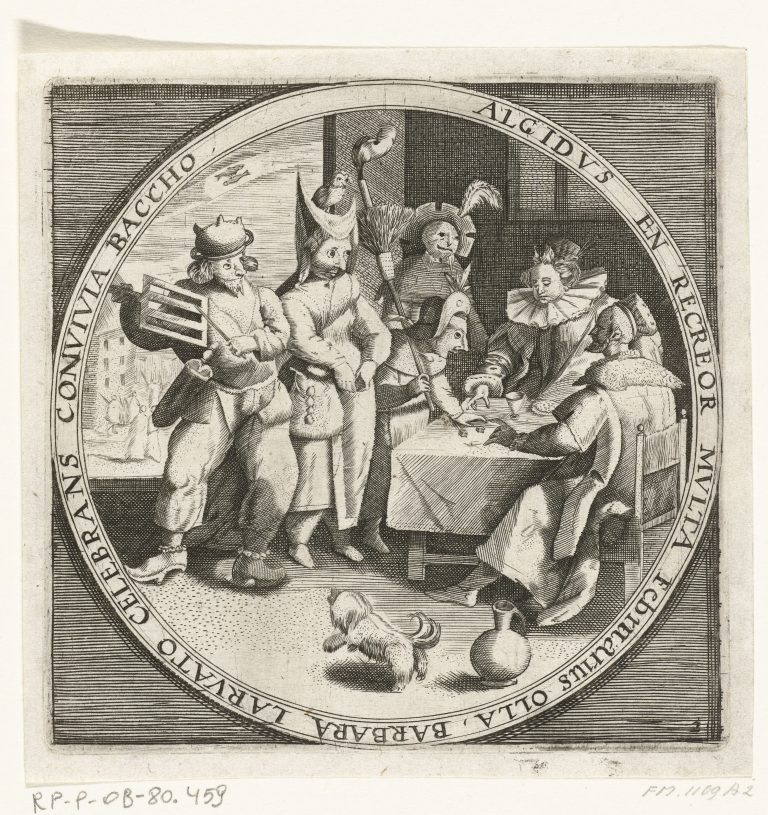 17th Century almanac for February – vastenavond carnival scene with masked players visiting a merchant's house.