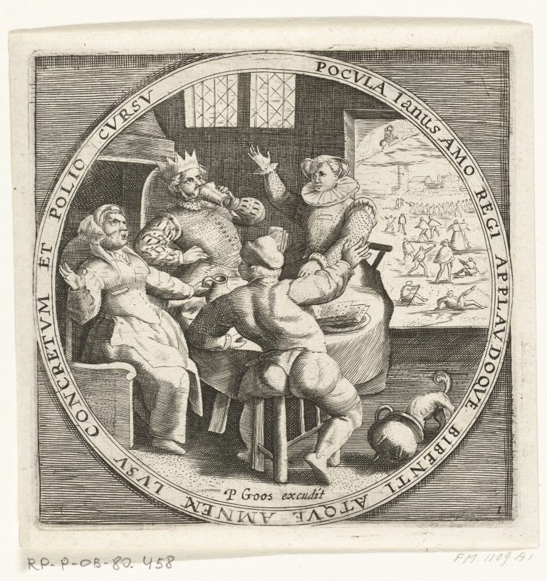 17th Century almanac for January - men and women drinking at a table. Winter ice skating scene.