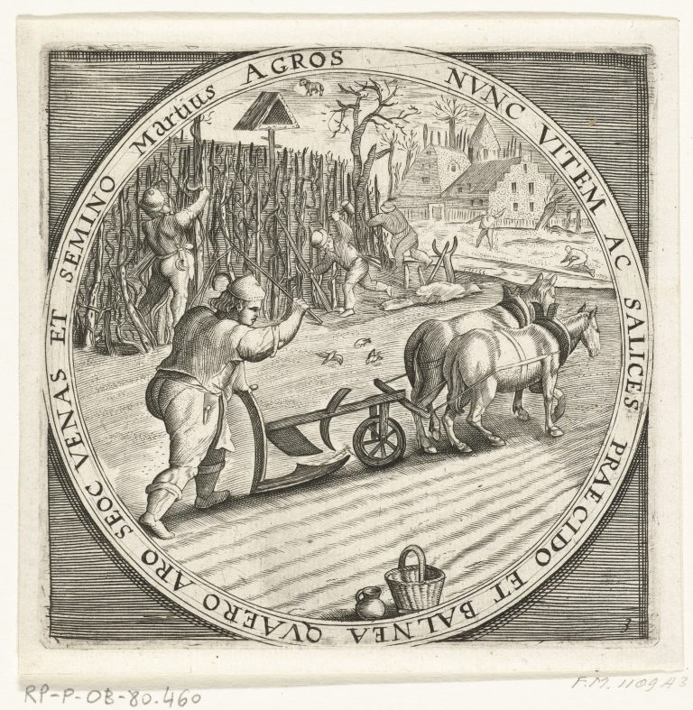 17th Century almanac for March - man ploughing with horses. Agricultural, farming scene.