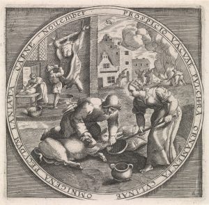 17th Century almanac for November - Martinmas scene of pigs slaughtered and butchered.