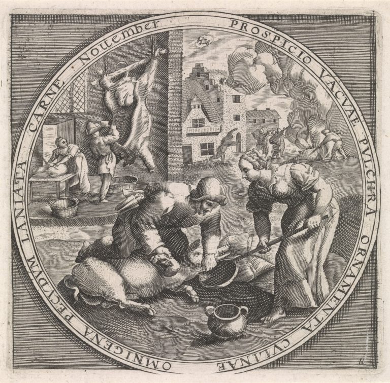 17th Century almanac for November - Martinmas scene of pigs slaughtered and butchered.