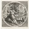 17th Century almanac for October – Dutch print circa 1600 - wine drinkers and winemaking scene.