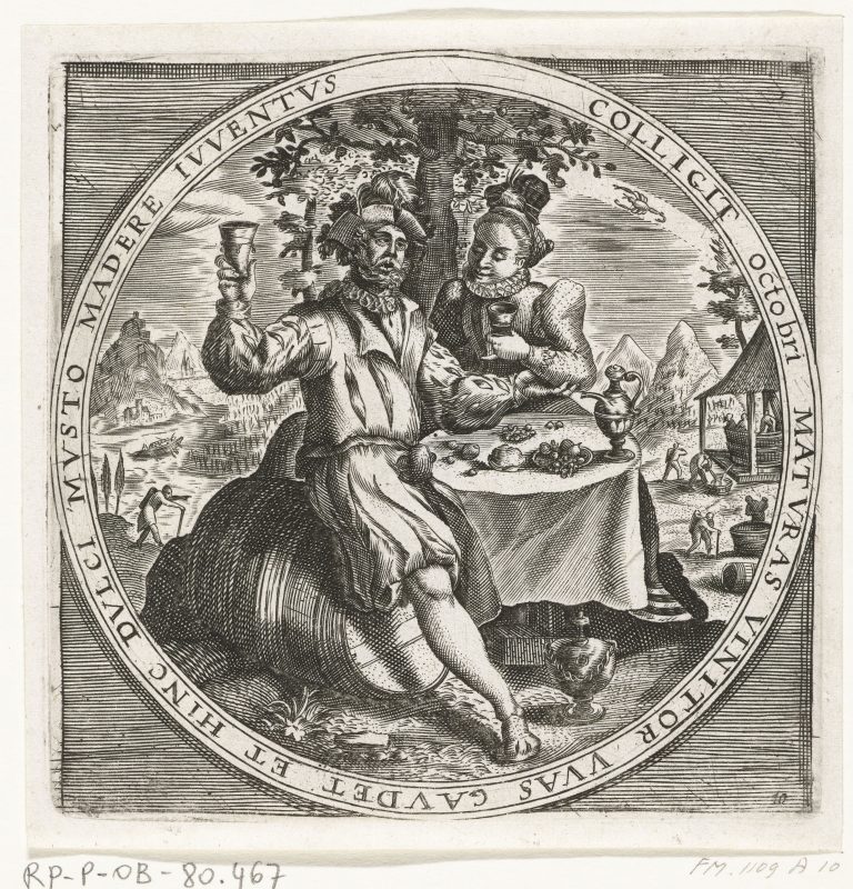 17th Century almanac for October – Dutch print circa 1600 - wine drinkers and winemaking scene.
