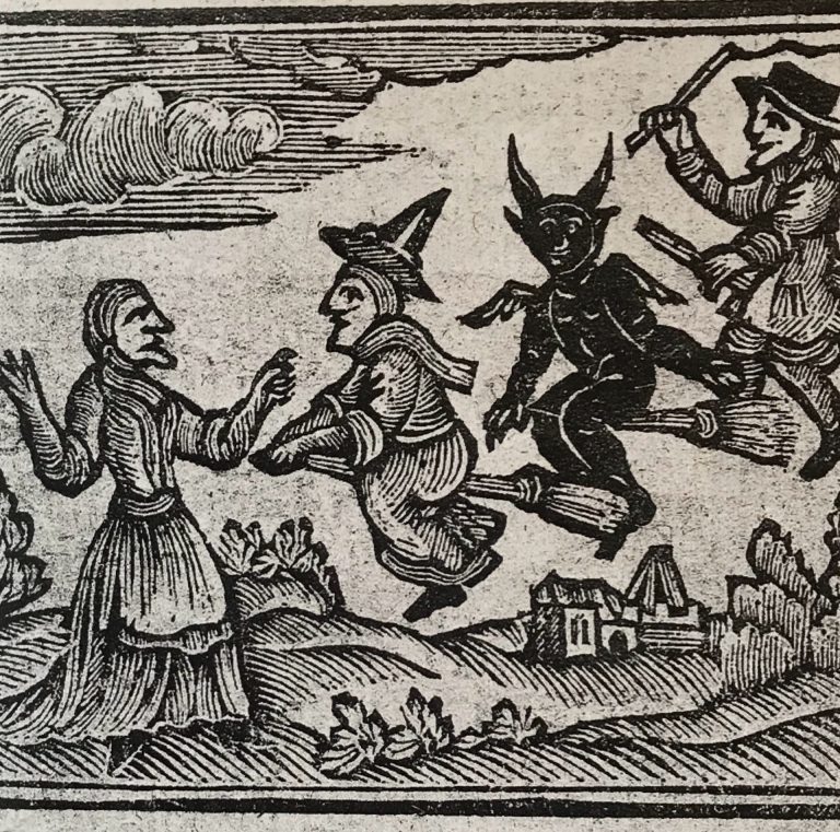 17th Century Hallowtide witches and a devil flying on broomsticks.