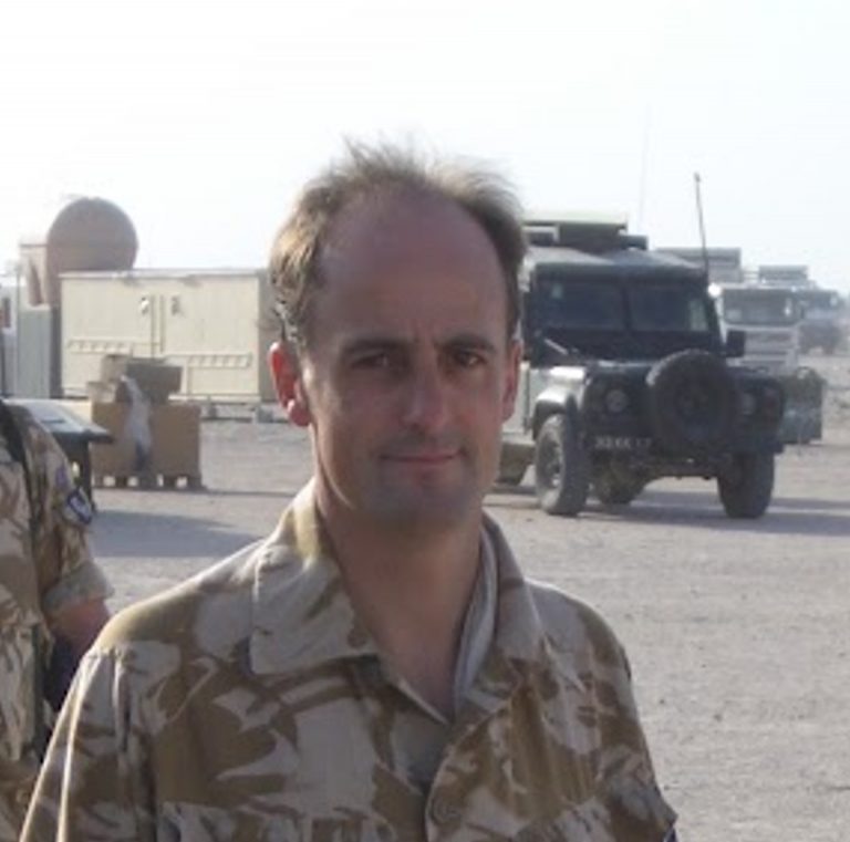 Charles Cordell, British Army career soldier and veteran turned author of historical fiction in combat uniform on operational deployment.