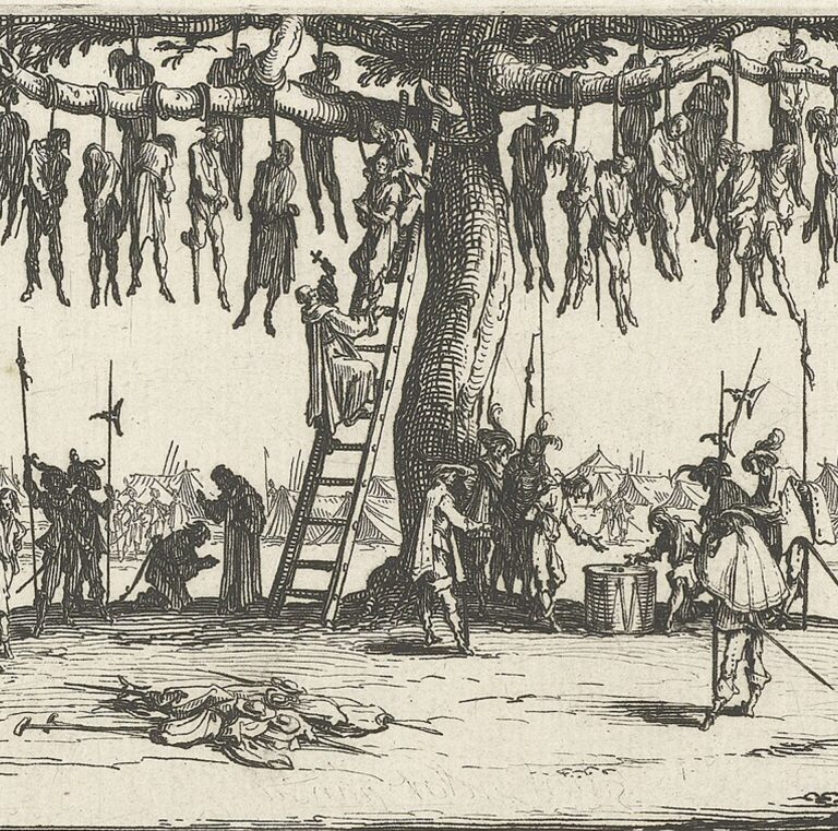 The Miseries of War - The Hanging - print by Jacques Callot published in 1633 depicting prisoners hanged from a tree.