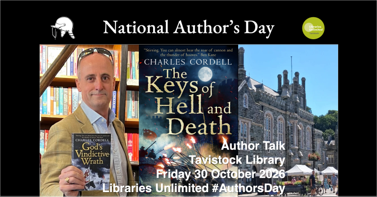 Infographic titled ‘National Author’s Day’ with event details ‘Author Talk’ and ‘Tavistock Library, Friday 30 October 2026, Libraries Unlimited #AuthorsDay’; an English Civil War helmet logo; Libraries Unlimited Tavistock Library logo; and background images of Charles Cordell holding his debut novel ‘God’s Vindictive Wrath’, cover image of the novel ‘The Keys of Hell and Death’ and Tavistock Town Hall